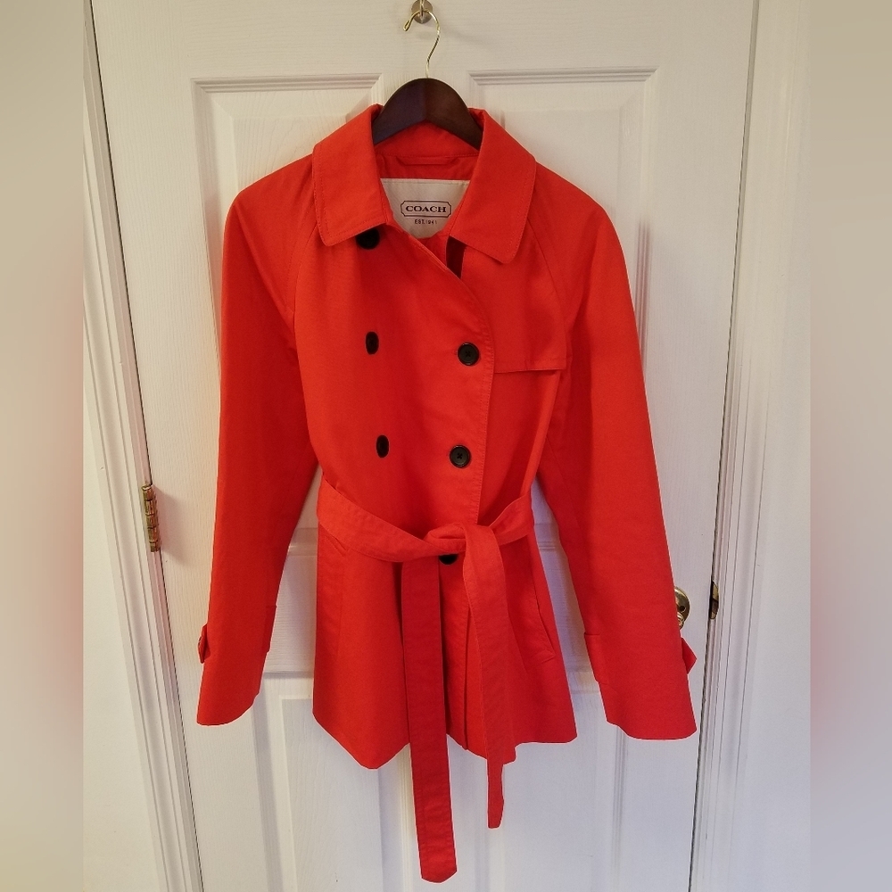 Coach Women's Short Solid Trench Belted Coat Size Large "hot orange"